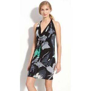 Abi Ferrin Halter Dress Womens XS Black Green Floral Cowl Neck Mini Boho Party